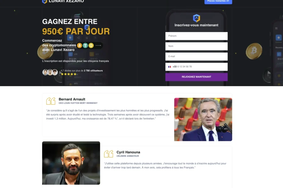 Capture d'écran d'un site d'arnaque financier avec une promesse de gains élevée.