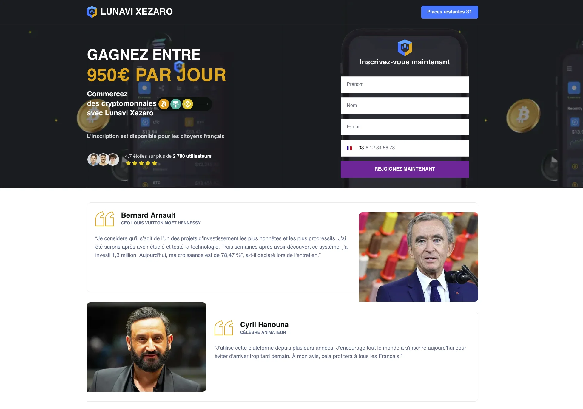 Capture d'écran d'un site d'arnaque financier avec une promesse de gains élevée.