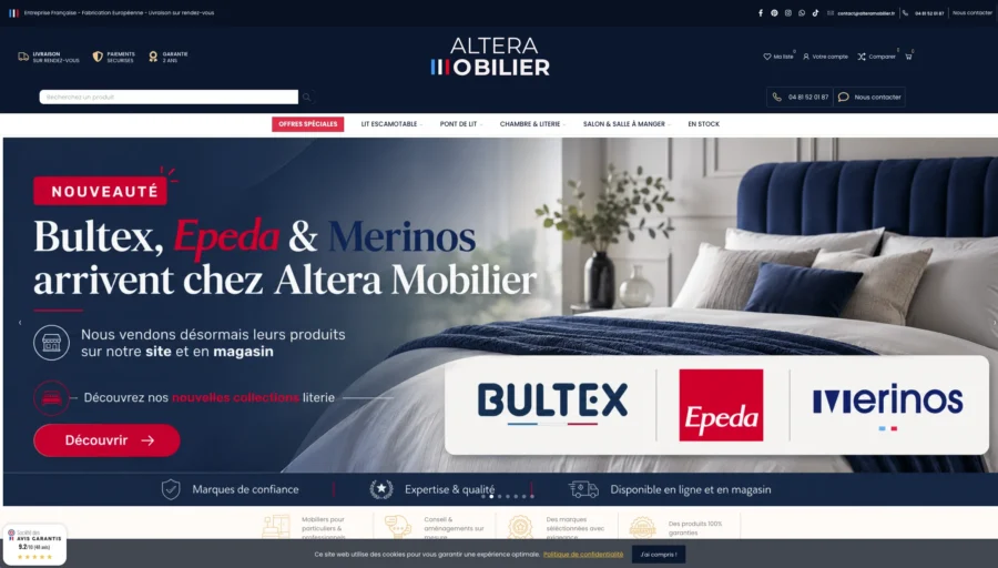 Capture d'écran de la page d'accueil d'Altera Mobilier présentant les marques Bultex, Epeda et Merinos sur un fond de lit contemporain.