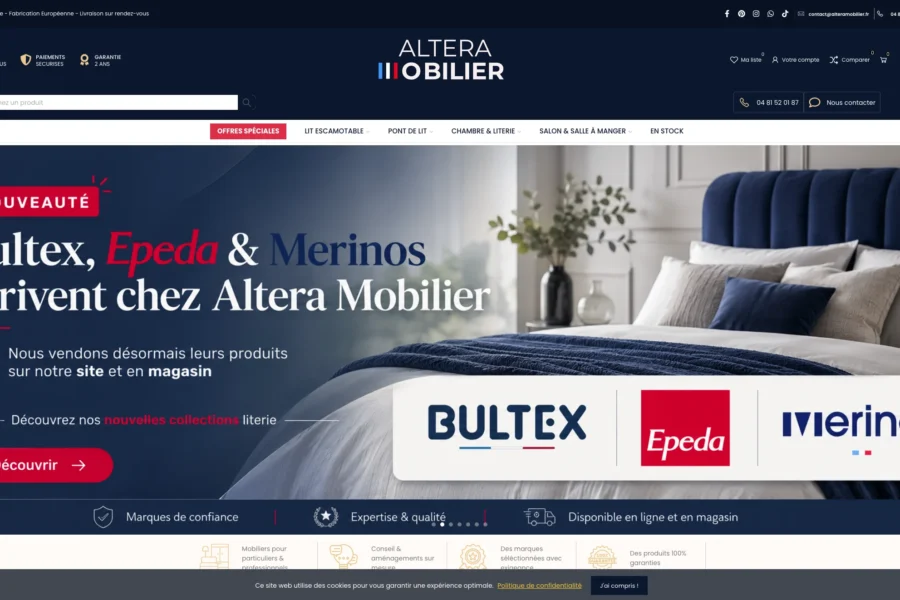 Capture d'écran de la page d'accueil d'Altera Mobilier présentant les marques Bultex, Epeda et Merinos sur un fond de lit contemporain.