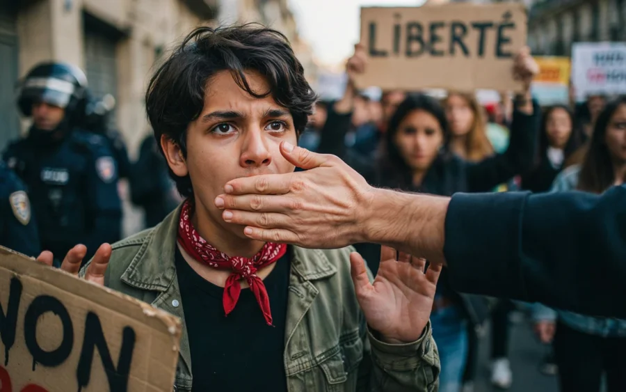 Un jeune homme portant un bandana rouge est reprimandé par une main lors d'une manifestation avec des policiers en arrière-plan.