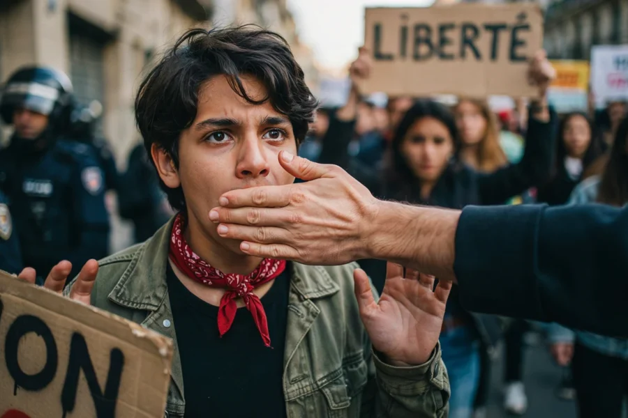 Un jeune homme portant un bandana rouge est reprimandé par une main lors d'une manifestation avec des policiers en arrière-plan.