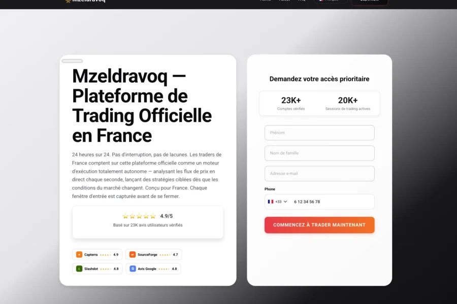 Capture d'écran du site Mzeldravocq affirmant être une plateforme de trading officielle en France avec formulaire d'inscription