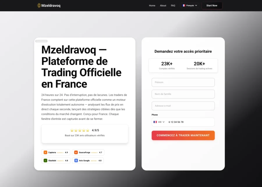 Capture d'écran du site Mzeldravocq affirmant être une plateforme de trading officielle en France avec formulaire d'inscription