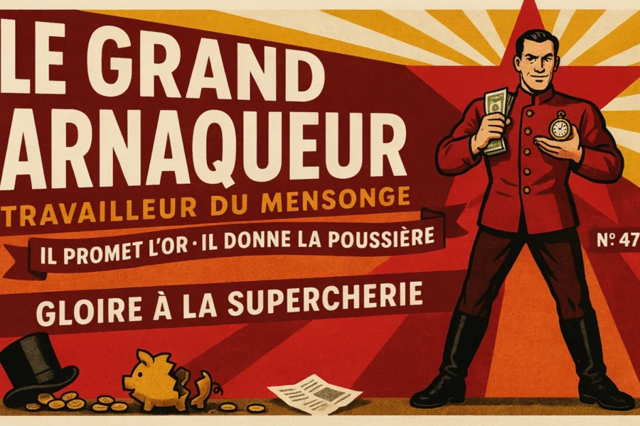 Illustration propagandiste représentant un homme en uniforme rouge tenant de l'argent avec le titre Le grand arnaqueur. L'image promeut la supercherie avec des symboles comme une tirelire brisée et une étoile.
