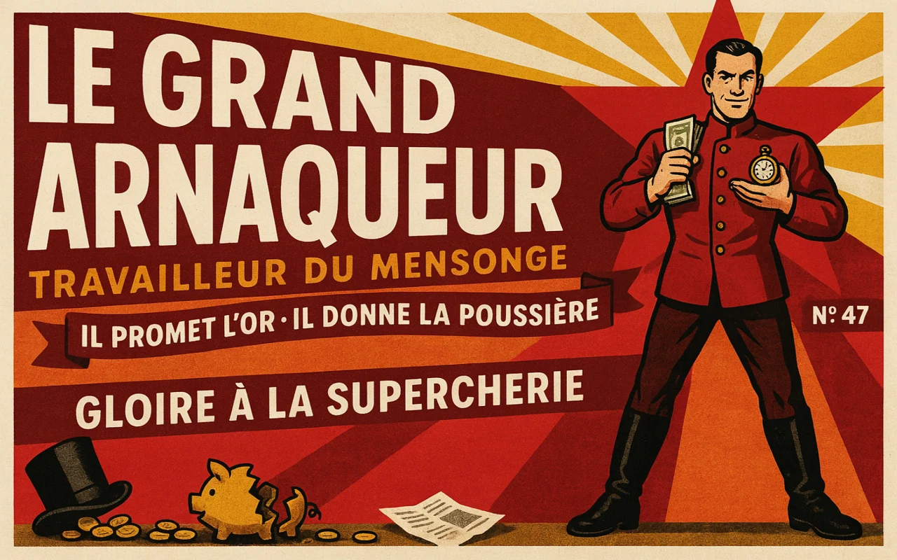 Illustration propagandiste représentant un homme en uniforme rouge tenant de l'argent avec le titre Le grand arnaqueur. L'image promeut la supercherie avec des symboles comme une tirelire brisée et une étoile.