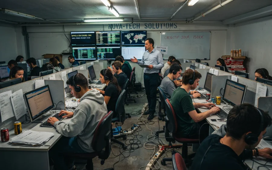 Vue d'ensemble d'un bureau d'appels de l'arnaque Nova-Tech Solutions avec un superviseur.