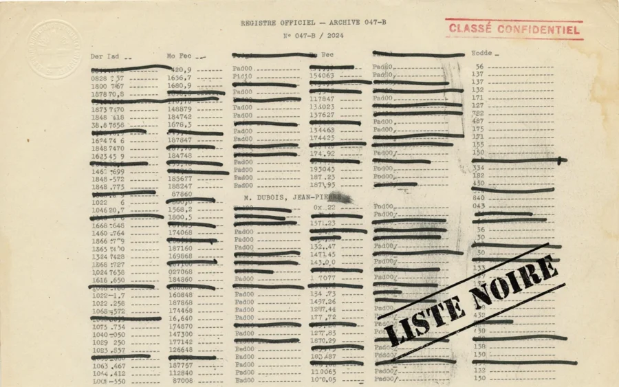 Formulaire archivistique sur papier vieilli avec lignes barrées et tampon rouge indicating une classification confidentielle.