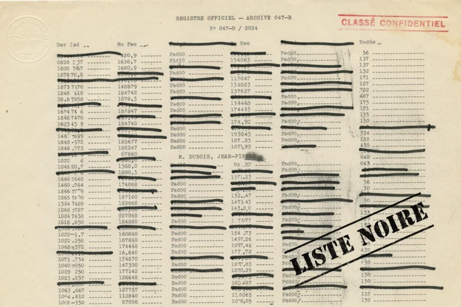 Formulaire archivistique sur papier vieilli avec lignes barrées et tampon rouge indicating une classification confidentielle.