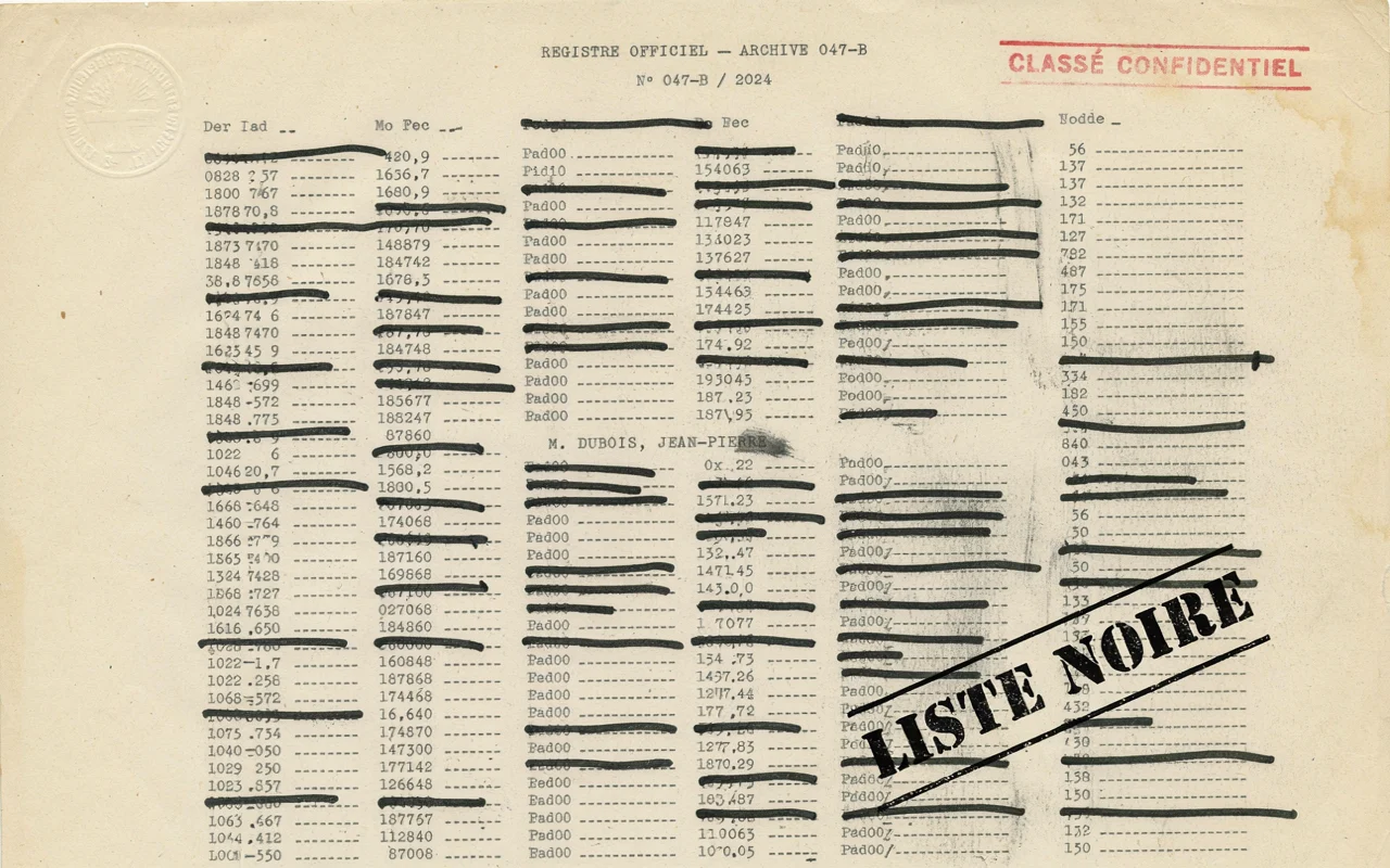 Formulaire archivistique sur papier vieilli avec lignes barrées et tampon rouge indicating une classification confidentielle.
