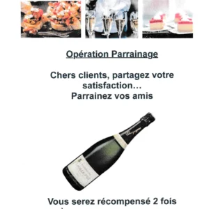 Deux captures d'écran affichant une campagne de parrainage avec une bouteille de champagne en récompense.