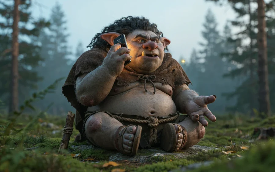 Un personnage ressemblant à un gobelin est assis dans une forêt, tenant un téléphone portable à son oreille.