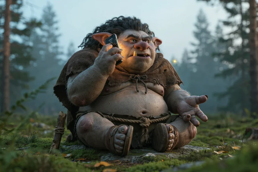 Un personnage ressemblant à un gobelin est assis dans une forêt, tenant un téléphone portable à son oreille.