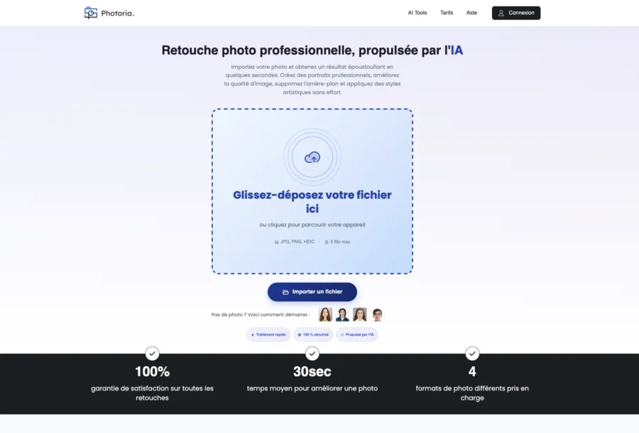 Interface de la plateforme Photofy avec une zone de dépôt de fichier et des chiffres clés de performance.