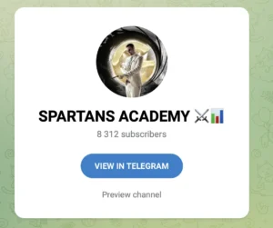 Fiche d'information du canal Telegram Spartans Academy affichant 8 312 abonnés et le nom du groupe.