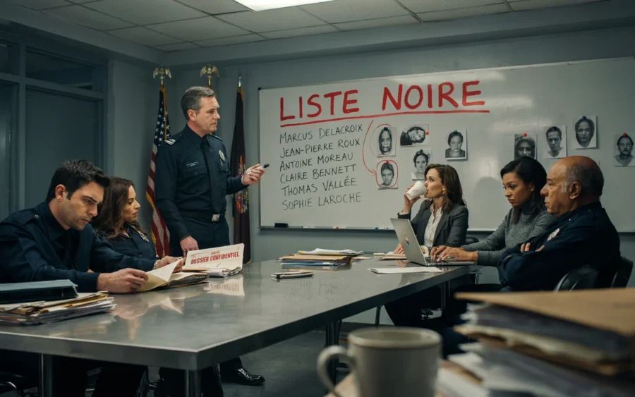 Groupe de personnes en réunion devant un tableau noir indiquant liste noire avec portraits et noms.