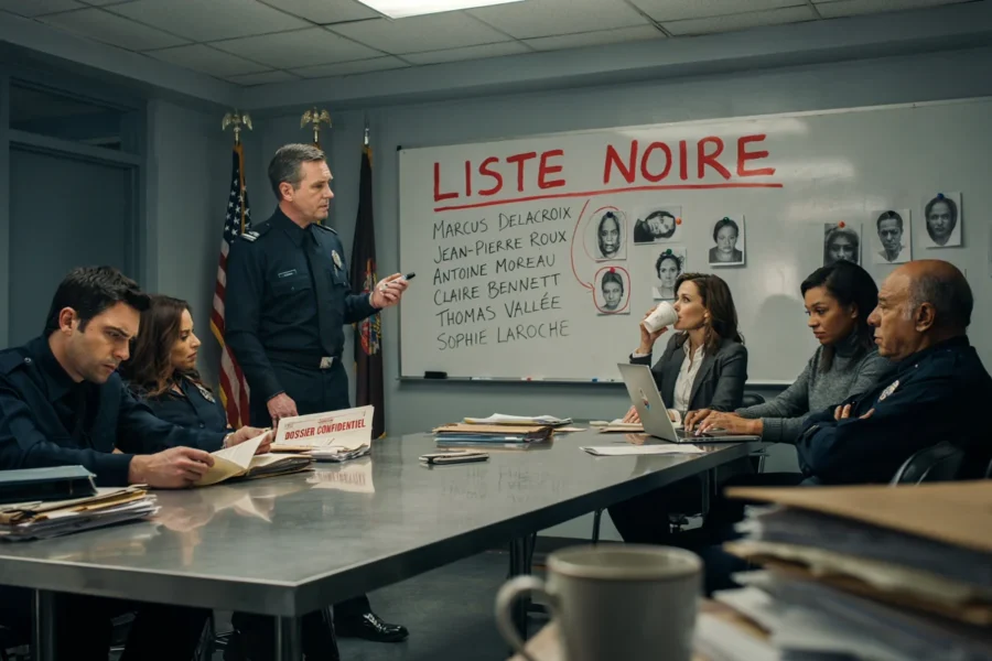 Groupe de personnes en réunion devant un tableau noir indiquant liste noire avec portraits et noms.