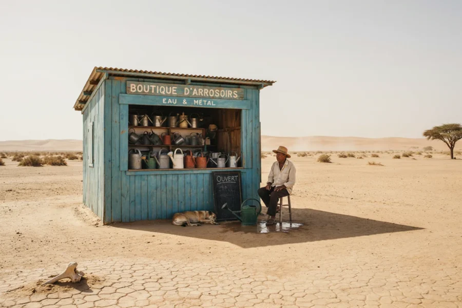 Kiosque bleu turquoise niché dans un paysage désertique avec une personne assise devant.