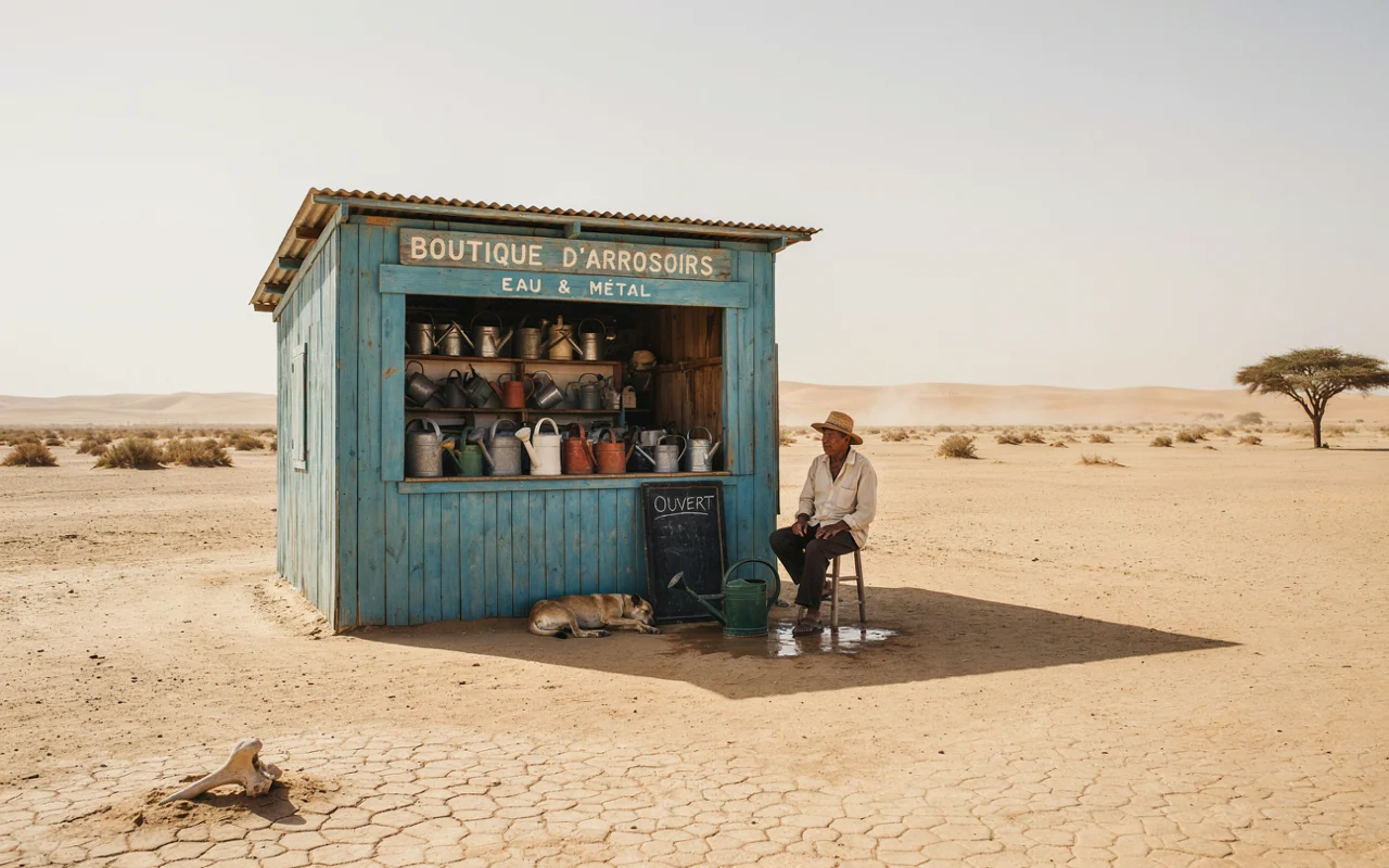 Kiosque bleu turquoise niché dans un paysage désertique avec une personne assise devant.