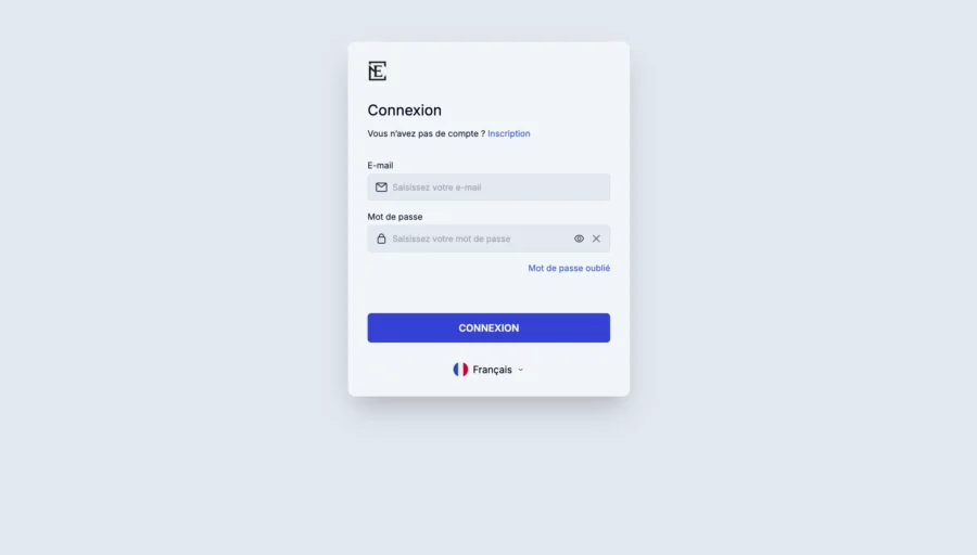 Interface de connexion avec champs e-mail et mot de passe ainsi qu'un bouton bleu.