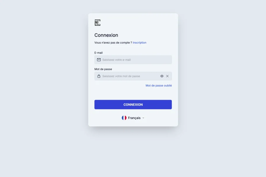 Interface de connexion avec champs e-mail et mot de passe ainsi qu'un bouton bleu.