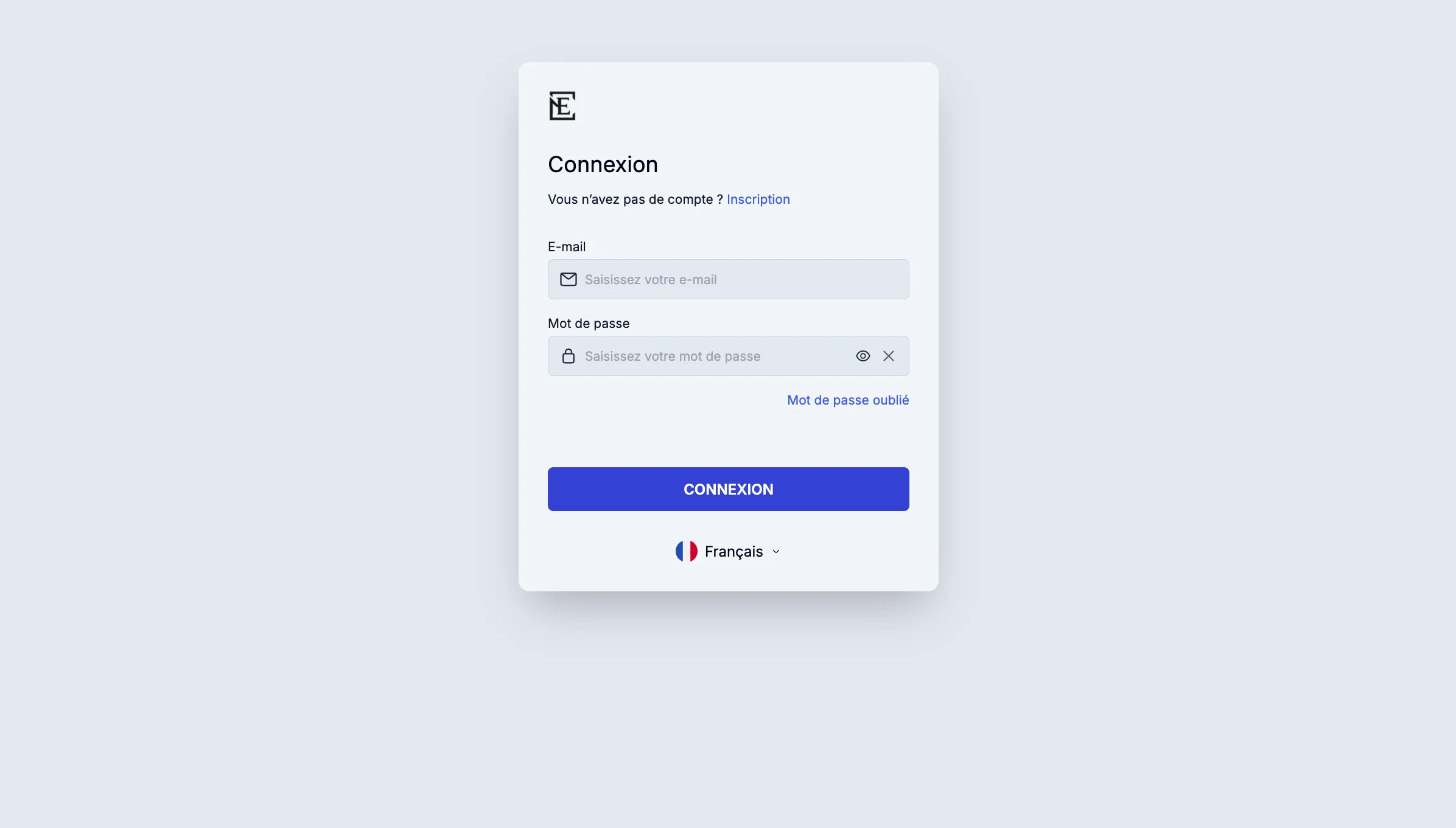 Interface de connexion avec champs e-mail et mot de passe ainsi qu'un bouton bleu.