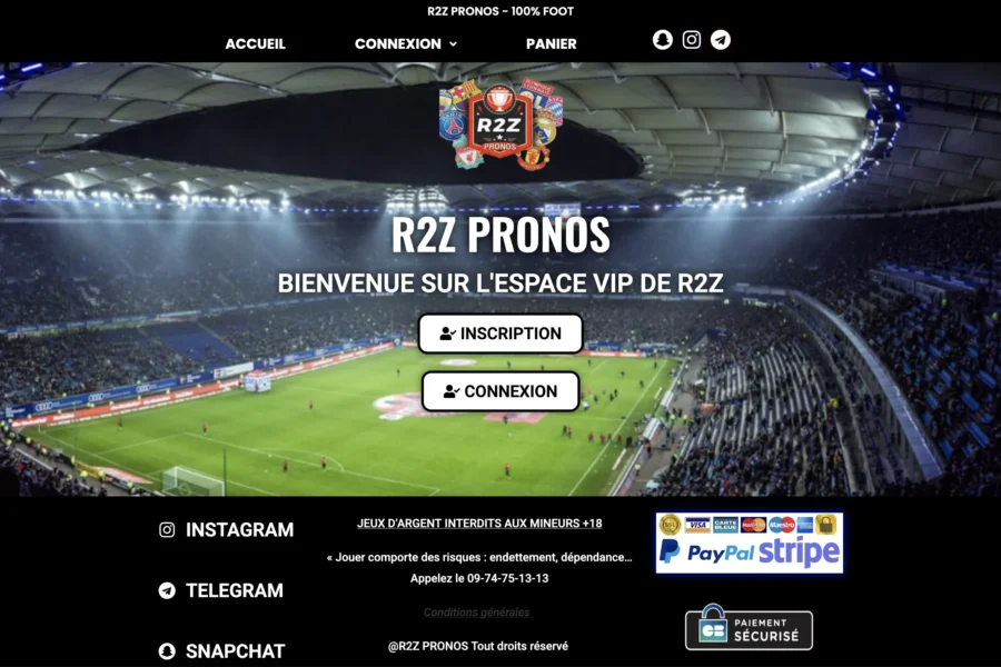 Page d'accueil du site R22 Pronos présentant un stade de football et les boutons d'inscription et de connexion.