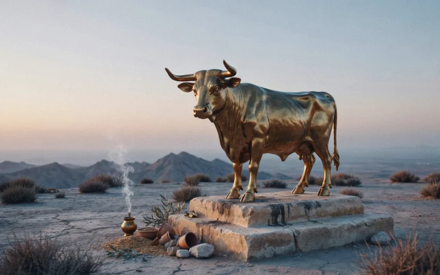 Statue dorée d’un taureau debout sur un socle en pierre dans un désert