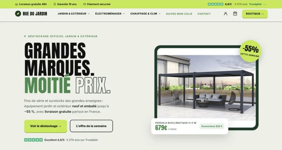 Capture d'écran de la promotion Site de Jeux offrant soixante-quinze pourcents de réduction sur un ensemble de jardin.