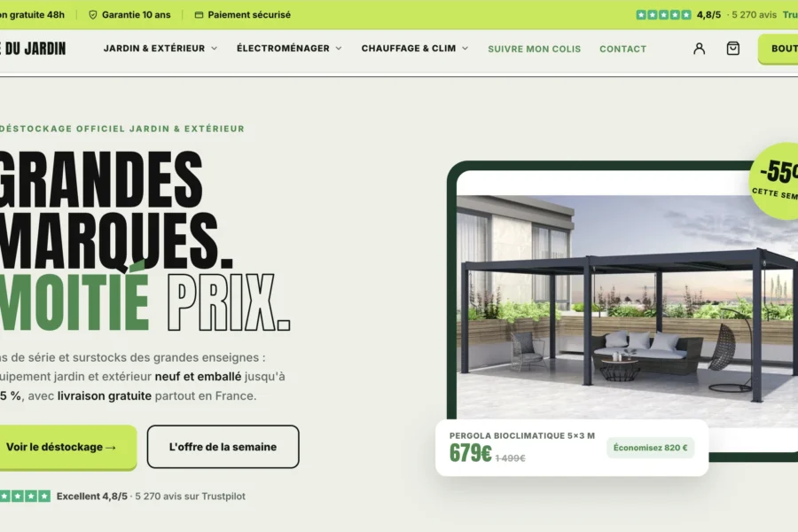 Capture d'écran de la promotion Site de Jeux offrant soixante-quinze pourcents de réduction sur un ensemble de jardin.