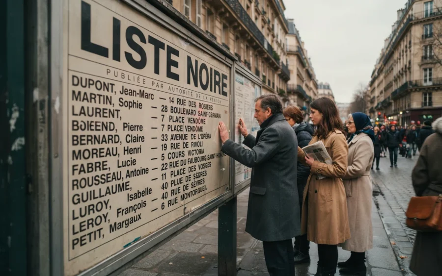 Citoyens venus consulter la liste noire d'un grand panneau public installé sur un trottoir parisien, listant les noms de plusieurs personnes et des différents quartiers.