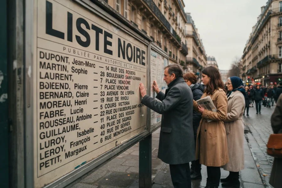 Citoyens venus consulter la liste noire d'un grand panneau public installé sur un trottoir parisien, listant les noms de plusieurs personnes et des différents quartiers.