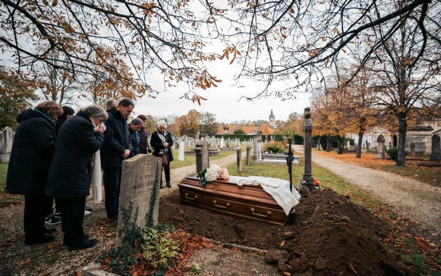 Cercueil recouvert d'un drap blanc posé sur une fosse entouré d'assistants parés de noir. Allée de cimetière bordée de tombes et d'arbres dépouillés.