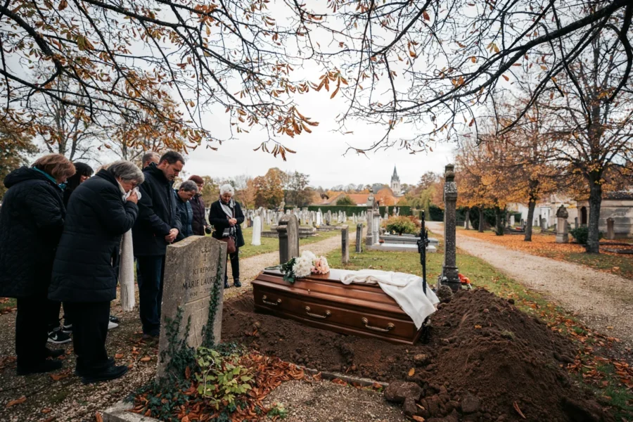 Cercueil recouvert d'un drap blanc posé sur une fosse entouré d'assistants parés de noir. Allée de cimetière bordée de tombes et d'arbres dépouillés.