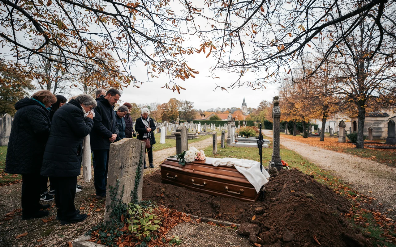 Cercueil recouvert d'un drap blanc posé sur une fosse entouré d'assistants parés de noir. Allée de cimetière bordée de tombes et d'arbres dépouillés.