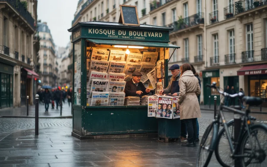 Kiosque parisien affichant le mot scam sur un journal