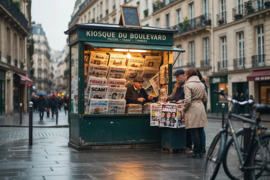 Kiosque parisien affichant le mot scam sur un journal
