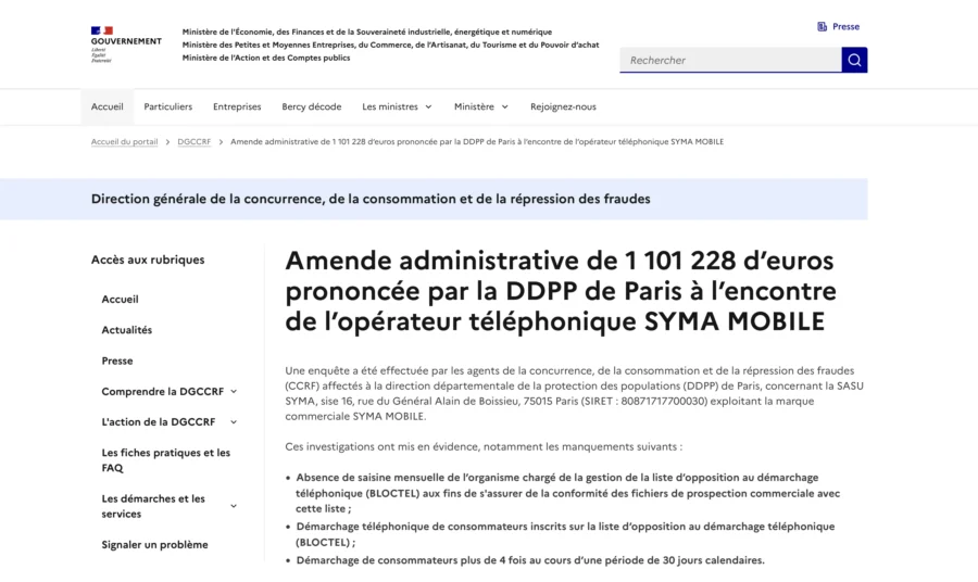 Capture d'écran de la page d'informations de la DGCCRF concernant une amende administrative prononcée à l'encontre de SYMA MOBILE.