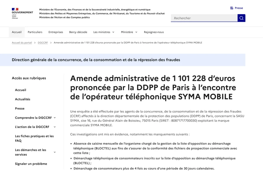 Capture d'écran de la page d'informations de la DGCCRF concernant une amende administrative prononcée à l'encontre de SYMA MOBILE.