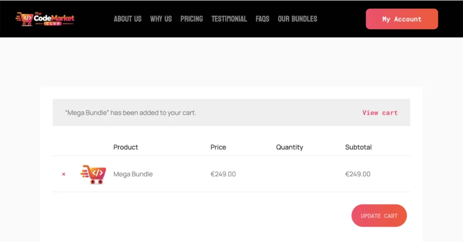 Capture d'écran du panier avec le Mega Bundle à 249 euros sur CodeSecretHacks.