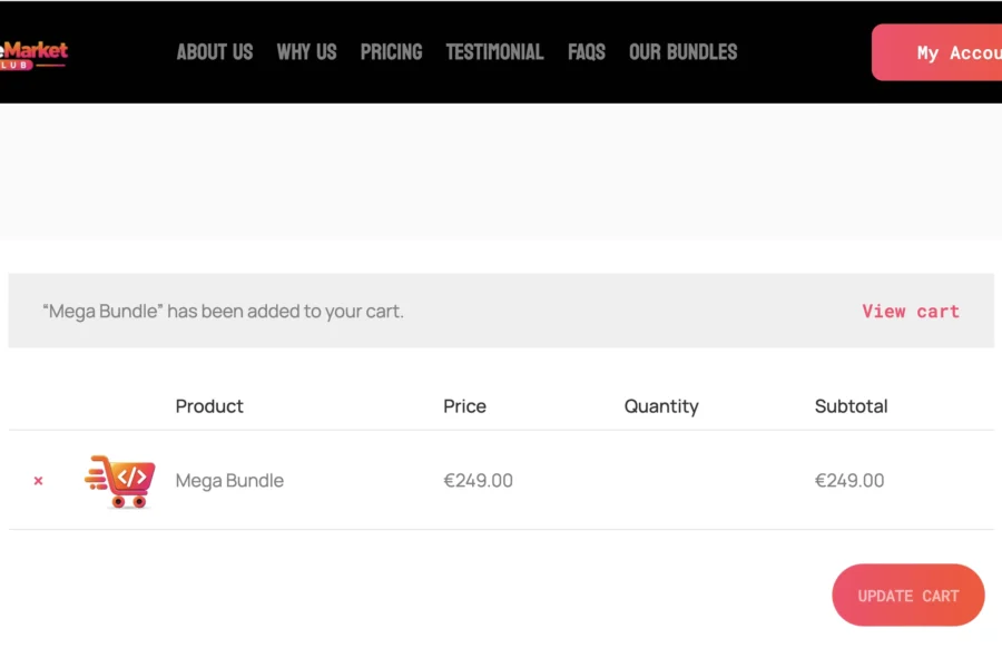 Capture d'écran du panier avec le Mega Bundle à 249 euros sur CodeSecretHacks.