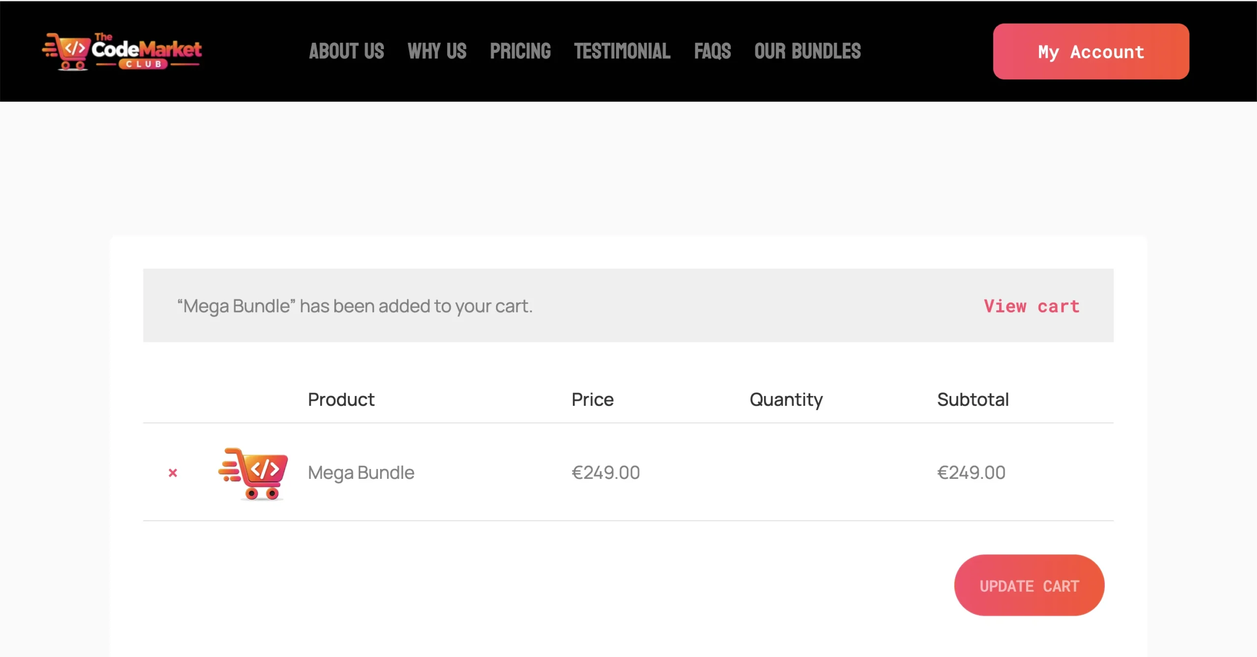 Capture d'écran du panier avec le Mega Bundle à 249 euros sur CodeSecretHacks.