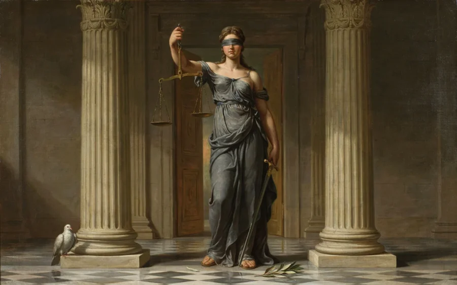 Allégorie de la Justice aveugle tenant une balance entre des colonnes classiques.