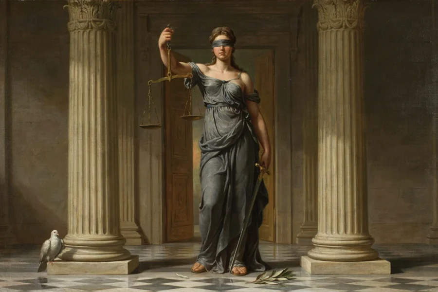 Allégorie de la Justice aveugle tenant une balance entre des colonnes classiques.