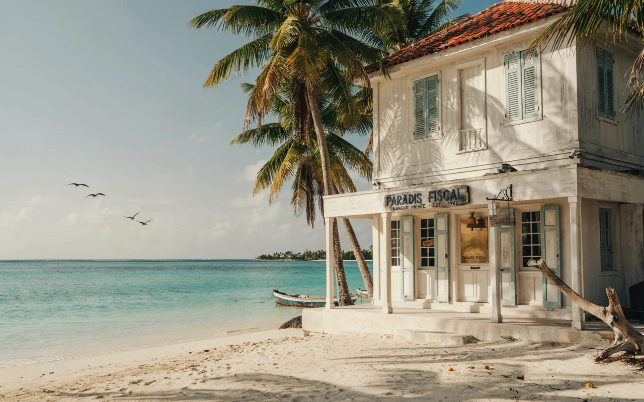 Villa blanche en ruine sur le bord de la mer, entourée de palmiers et d'une eau turquoise