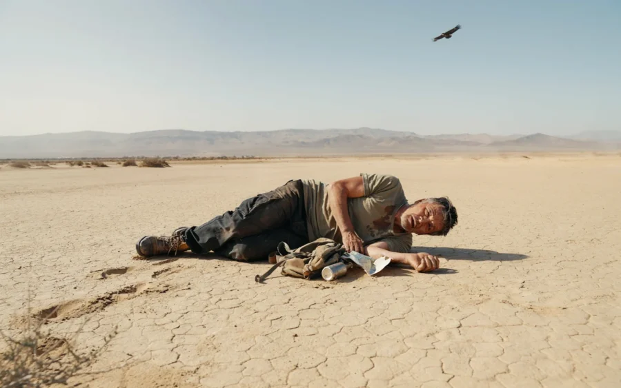 Un homme en chemise usée se repose sur un sol sec et fissuré dans un environnement aride, avec des montagnes en arrière-plan. Un oiseau plane dans le ciel vide au-dessus de la scène.