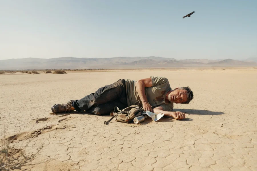 Un homme en chemise usée se repose sur un sol sec et fissuré dans un environnement aride, avec des montagnes en arrière-plan. Un oiseau plane dans le ciel vide au-dessus de la scène.