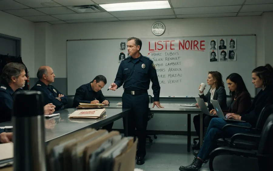 Agente debout devant un tableau de la liste noire dans une salle de réunion avec des policiers assis.