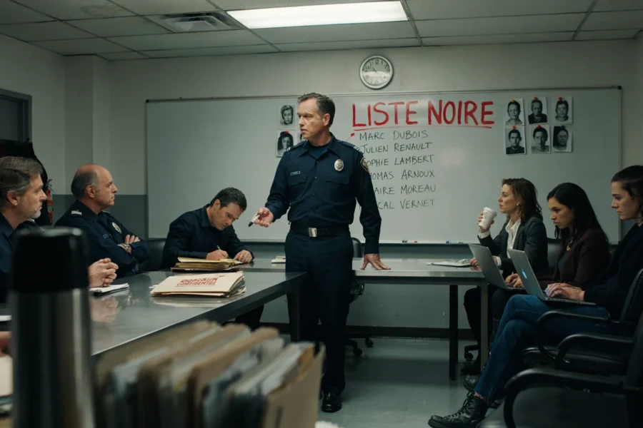 Agente debout devant un tableau de la liste noire dans une salle de réunion avec des policiers assis.