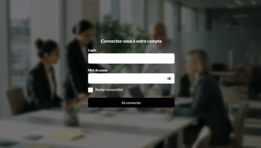 Interface de connexion affichant une demande de mot de passe, en surimpression d'une réunion de travail floutée.